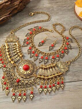 061 Golden Red Tribal Jewelry Retro Design Necklace, Bracelet, and Earrings